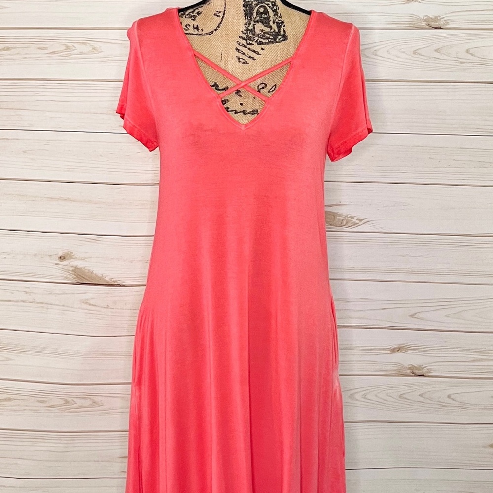Coral Criss-Cross Neckline Dress with Pockets - NWOT